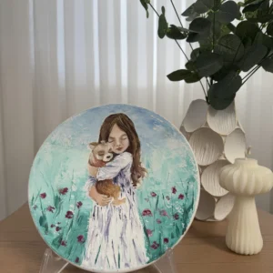 دیوارکوب نقاشی رنگ روغن با طرح دختر و سگ در بغل در باغ گل رز سبک امپرسیون و تکنیک ایمپاستو