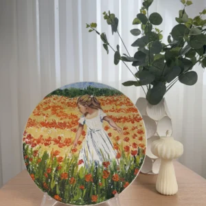 دیوارکوب نقاشی رنگ روغن دختر مو طلایی در دشت لاله سبک امپرسیون و تکنیک ایمپاستو