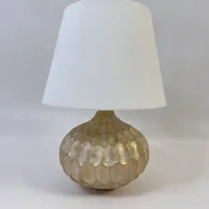 آباژور خمره ای رزین پلی استر با پتینه کرم طلایی و شید سفید