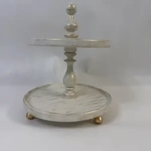 ظرف چوبی دوطبقه پذیرایی میوه و شیرینی رنگ کرم پتینه ی طلایی